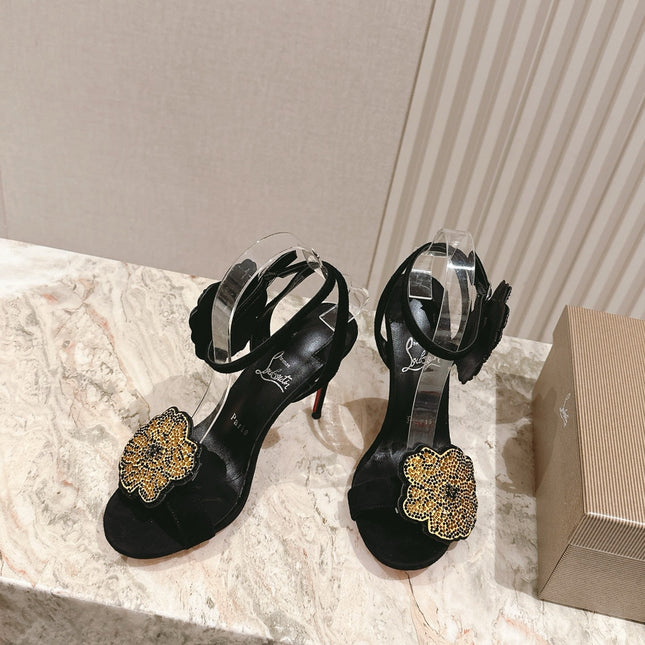 BEADED FLORAL EMBELLISHED SANDALS 135MM IN BLACK VELVET MIX CALFSKIN