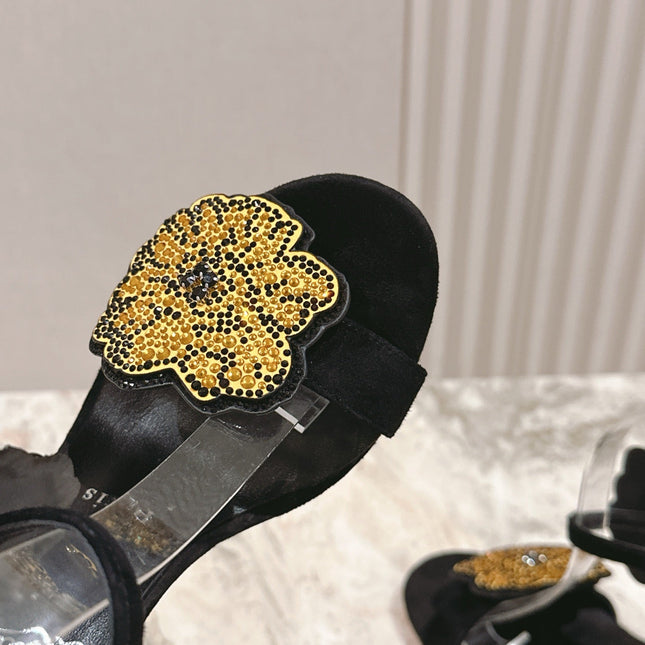 BEADED FLORAL EMBELLISHED SANDALS 135MM IN BLACK VELVET MIX CALFSKIN