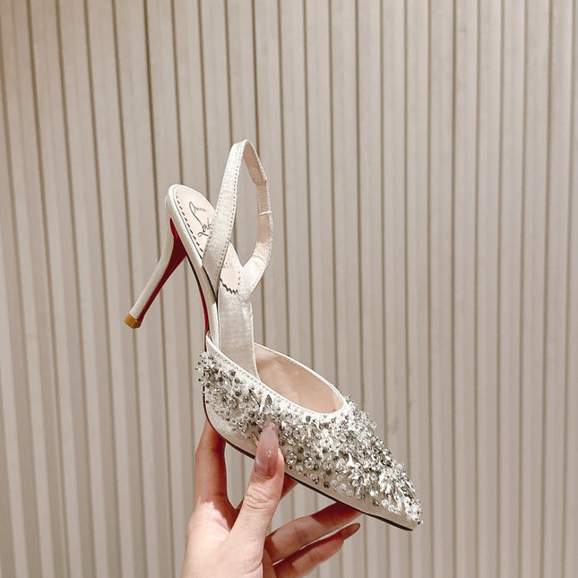 EMBELLISHED QUEENISSIMA SLINGBACK PUMPS 95MM IN WHITE GLITTER CALFSKIN