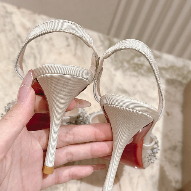 EMBELLISHED QUEENISSIMA SLINGBACK PUMPS 95MM IN WHITE GLITTER CALFSKIN