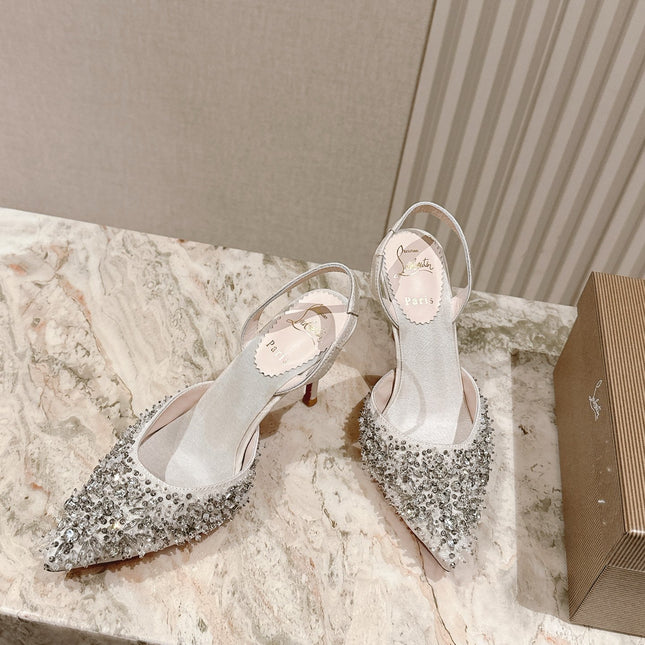 EMBELLISHED QUEENISSIMA SLINGBACK PUMPS 95MM IN WHITE GLITTER CALFSKIN