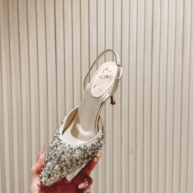 EMBELLISHED QUEENISSIMA SLINGBACK PUMPS 95MM IN WHITE GLITTER CALFSKIN