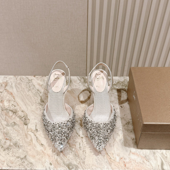 EMBELLISHED QUEENISSIMA SLINGBACK PUMPS 95MM IN WHITE GLITTER CALFSKIN