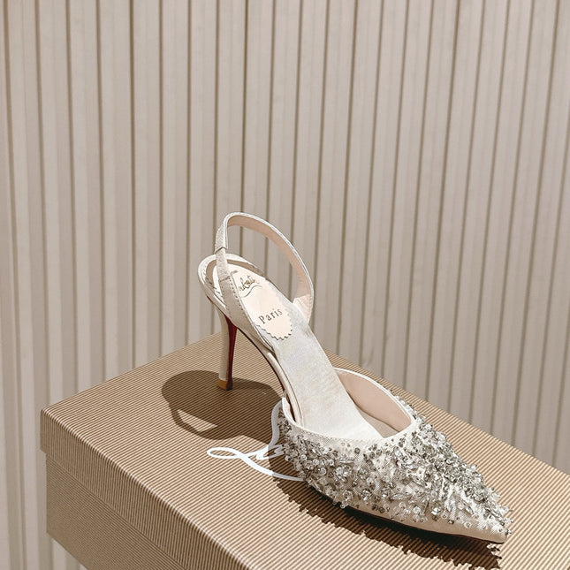 EMBELLISHED QUEENISSIMA SLINGBACK PUMPS 95MM IN WHITE GLITTER CALFSKIN