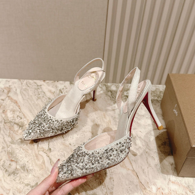 EMBELLISHED QUEENISSIMA SLINGBACK PUMPS 95MM IN WHITE GLITTER CALFSKIN
