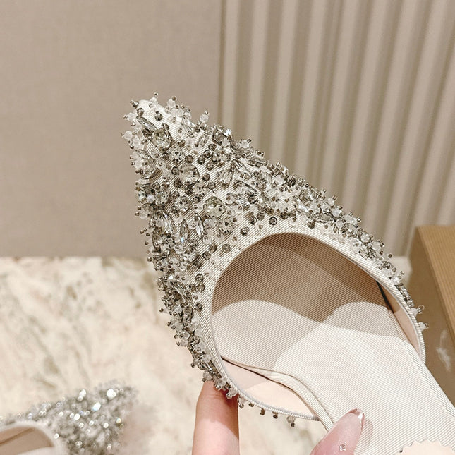 EMBELLISHED QUEENISSIMA SLINGBACK PUMPS 95MM IN WHITE GLITTER CALFSKIN