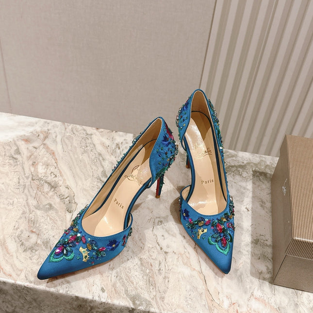 COLORFUL EMBROIDERED IRIZA PUMPS 105MM IN AQUA BLUE SATIN