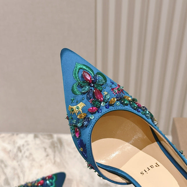 COLORFUL EMBROIDERED IRIZA PUMPS 105MM IN AQUA BLUE SATIN