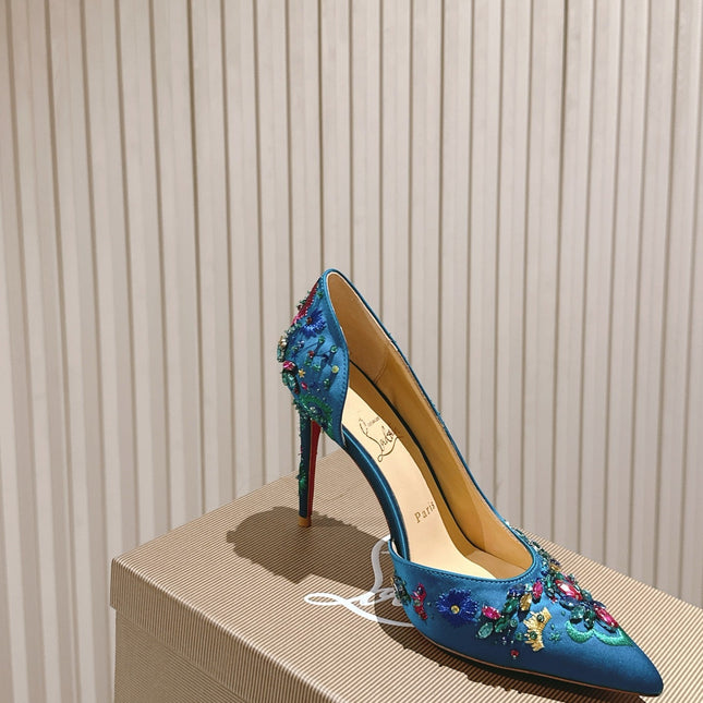 COLORFUL EMBROIDERED IRIZA PUMPS 105MM IN AQUA BLUE SATIN