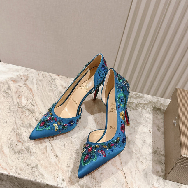COLORFUL EMBROIDERED IRIZA PUMPS 105MM IN AQUA BLUE SATIN