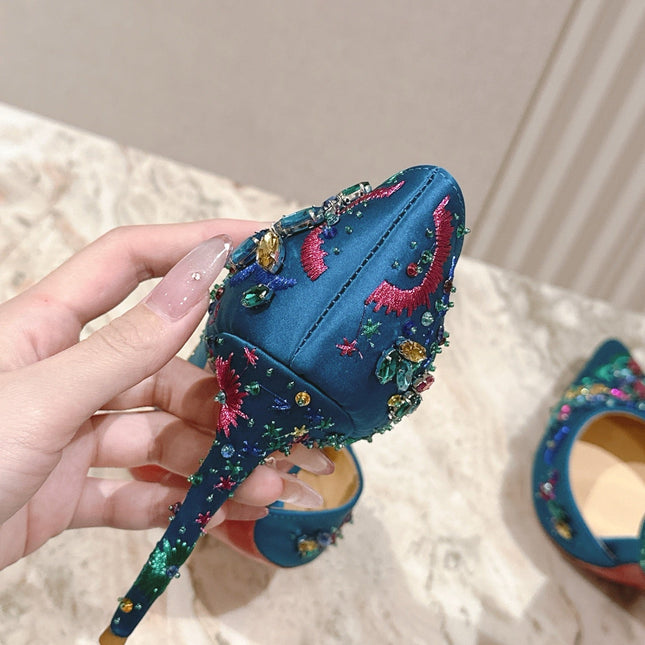 COLORFUL EMBROIDERED IRIZA PUMPS 105MM IN AQUA BLUE SATIN