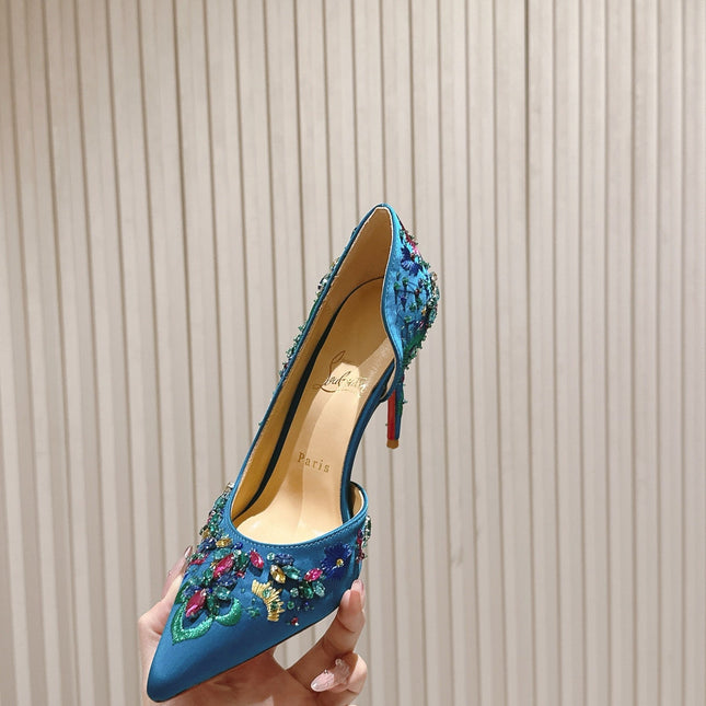 COLORFUL EMBROIDERED IRIZA PUMPS 105MM IN AQUA BLUE SATIN