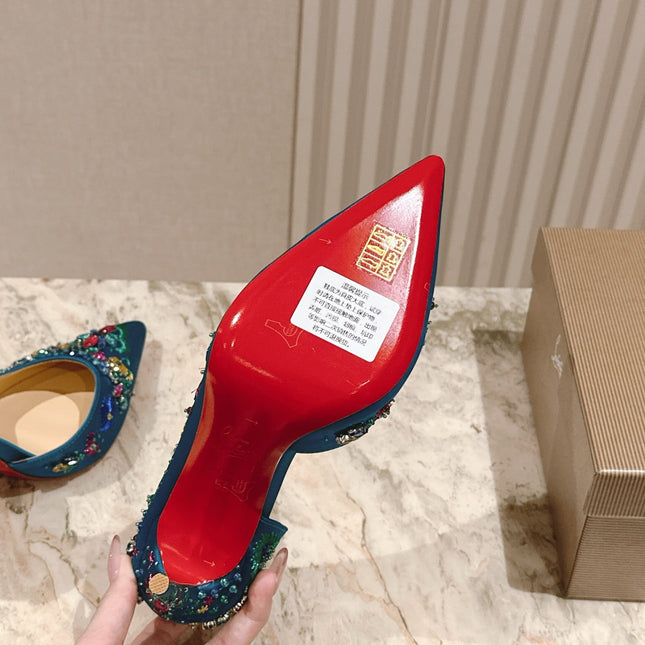 COLORFUL EMBROIDERED IRIZA PUMPS 105MM IN AQUA BLUE SATIN