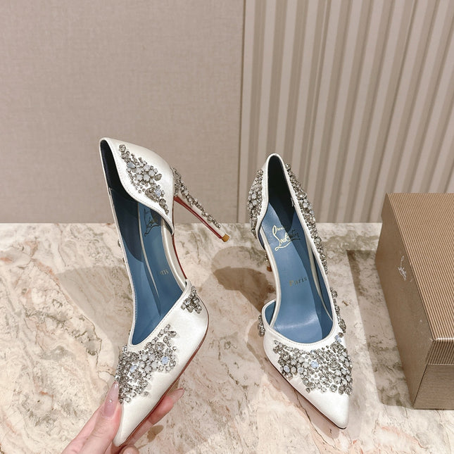 STUDDED RHINESTONE IRIZA PUMPS 105MM IN WHITE SATIN