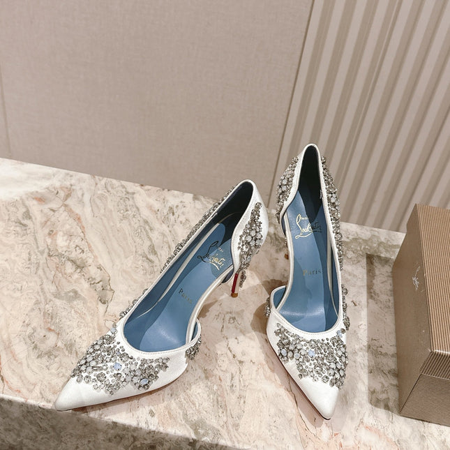 STUDDED RHINESTONE IRIZA PUMPS 105MM IN WHITE SATIN