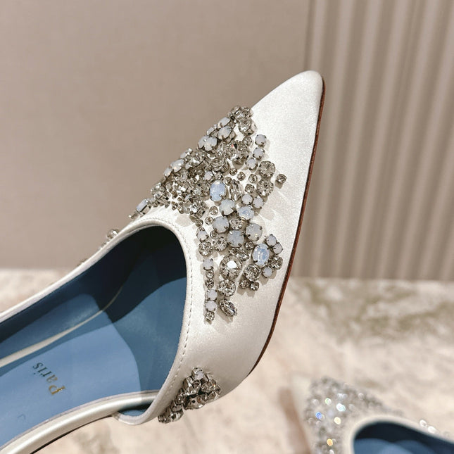 STUDDED RHINESTONE IRIZA PUMPS 105MM IN WHITE SATIN