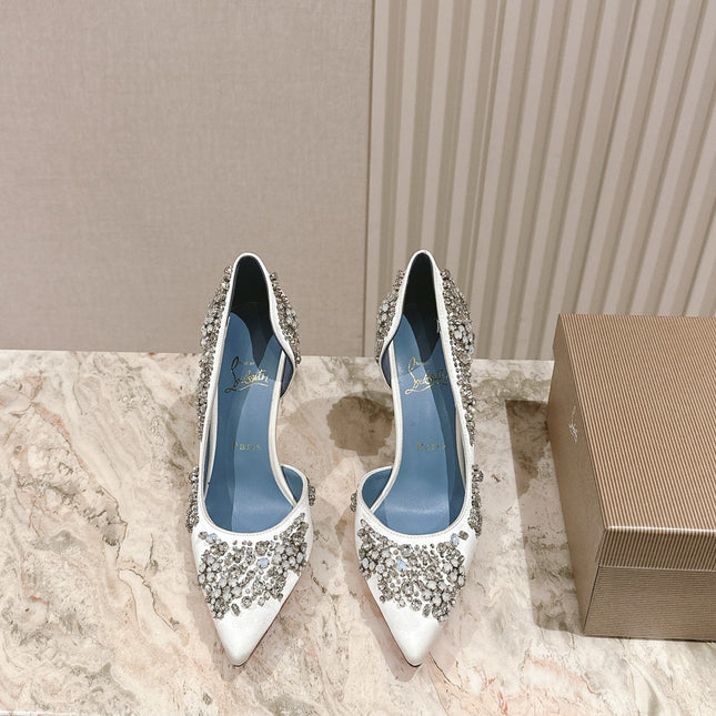 STUDDED RHINESTONE IRIZA PUMPS 105MM IN WHITE SATIN