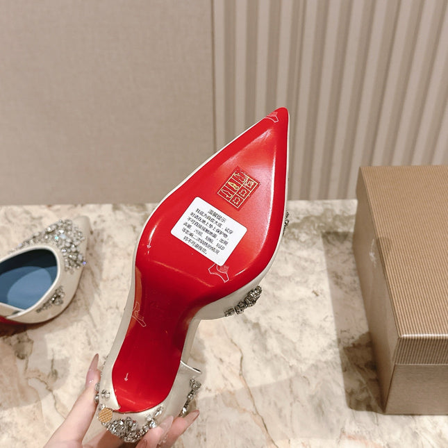 STUDDED RHINESTONE IRIZA PUMPS 105MM IN WHITE SATIN