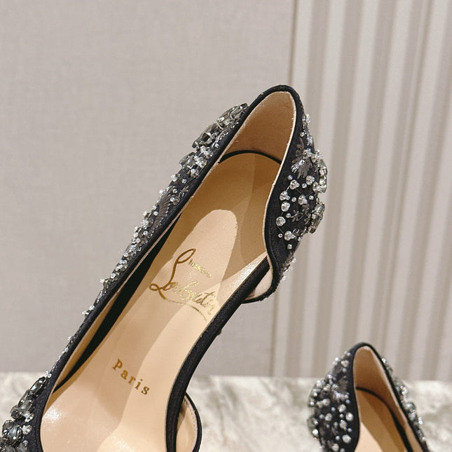 EMBROIDERED GLITTER IRIZA PUMPS 105MM IN BLACK SATIN
