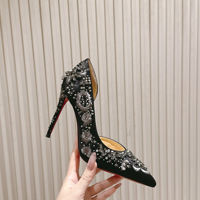 EMBROIDERED GLITTER IRIZA PUMPS 105MM IN BLACK SATIN