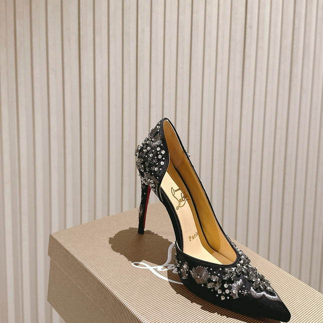 EMBROIDERED GLITTER IRIZA PUMPS 105MM IN BLACK SATIN