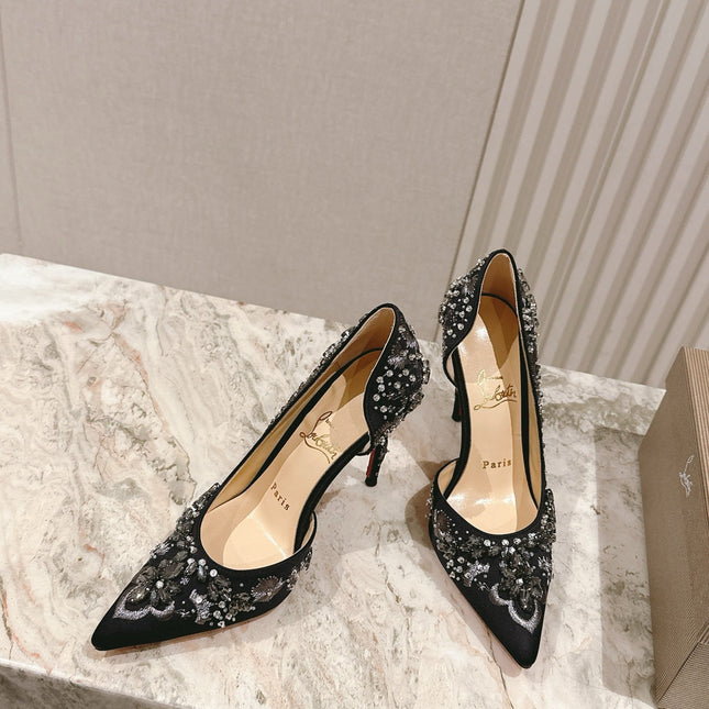EMBROIDERED GLITTER IRIZA PUMPS 105MM IN BLACK SATIN