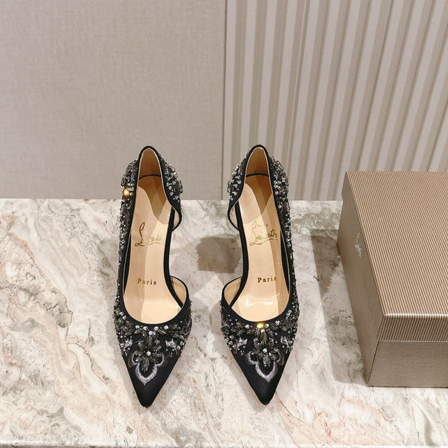 EMBROIDERED GLITTER IRIZA PUMPS 105MM IN BLACK SATIN