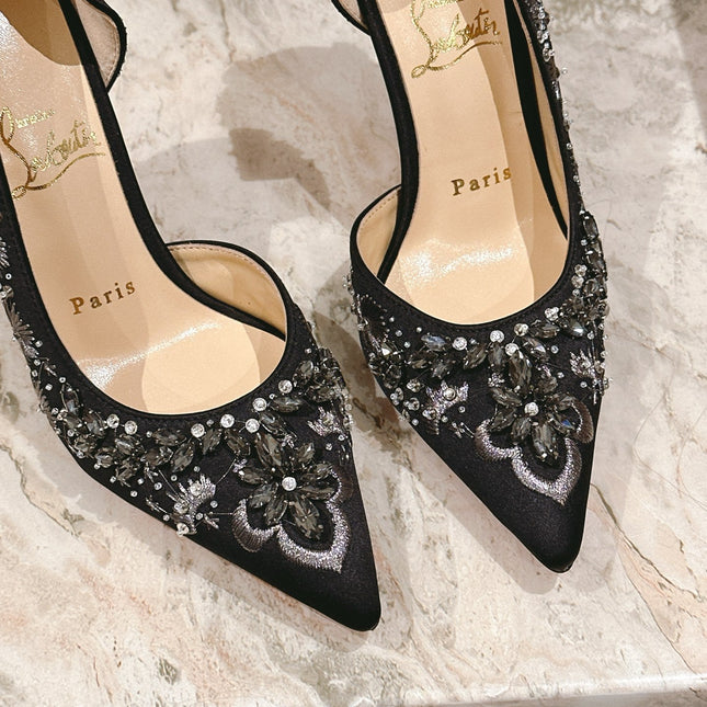 EMBROIDERED GLITTER IRIZA PUMPS 105MM IN BLACK SATIN