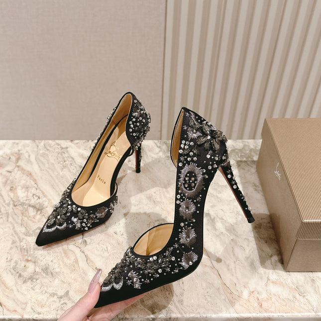 EMBROIDERED GLITTER IRIZA PUMPS 105MM IN BLACK SATIN