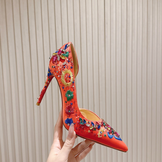 COLORFUL EMBROIDERED IRIZA PUMPS 105MM IN CORAL SATIN