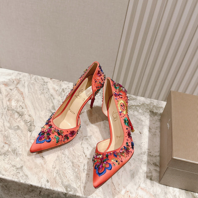COLORFUL EMBROIDERED IRIZA PUMPS 105MM IN CORAL SATIN
