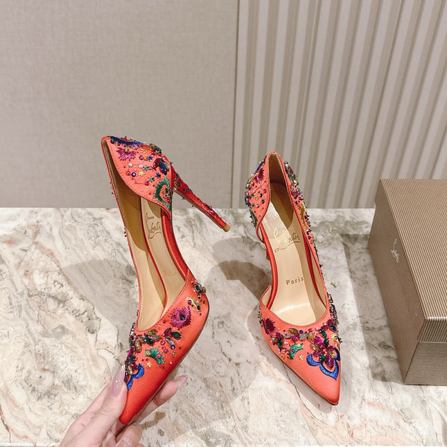 COLORFUL EMBROIDERED IRIZA PUMPS 105MM IN CORAL SATIN