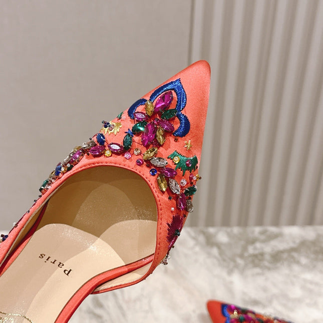 COLORFUL EMBROIDERED IRIZA PUMPS 105MM IN CORAL SATIN