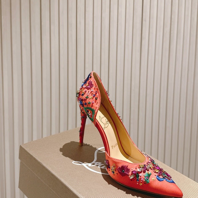 COLORFUL EMBROIDERED IRIZA PUMPS 105MM IN CORAL SATIN
