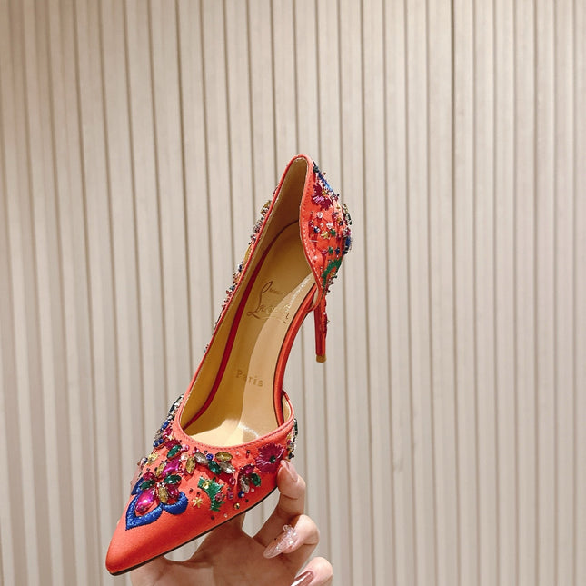 COLORFUL EMBROIDERED IRIZA PUMPS 105MM IN CORAL SATIN