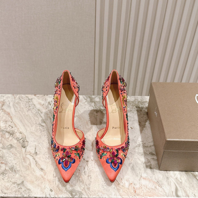 COLORFUL EMBROIDERED IRIZA PUMPS 105MM IN CORAL SATIN