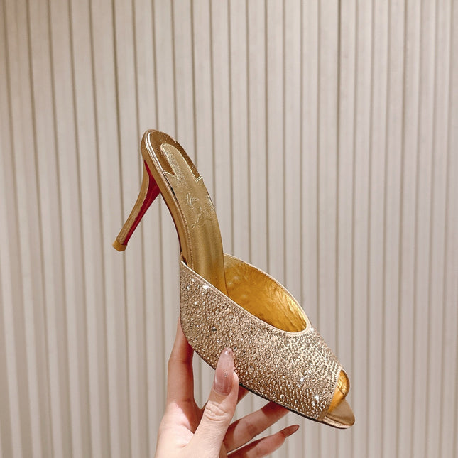 DOLLY STRASS SOLE SLIDE SANDALS 85MM IN GOLD-TONE CALFSKIN