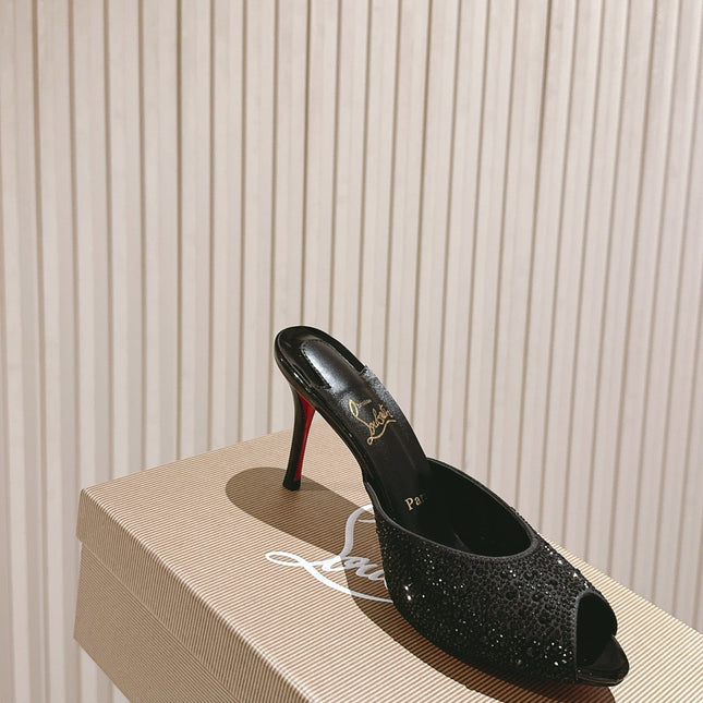 DOLLY STRASS SOLE SLIDE SANDALS 85MM IN BLACK CALFSKIN