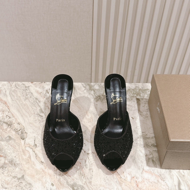 DOLLY STRASS SOLE SLIDE SANDALS 85MM IN BLACK CALFSKIN