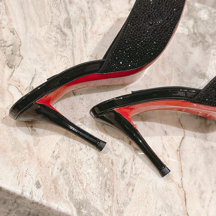 DOLLY STRASS SOLE SLIDE SANDALS 85MM IN BLACK CALFSKIN