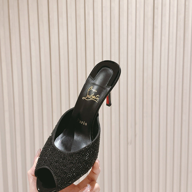 DOLLY STRASS SOLE SLIDE SANDALS 85MM IN BLACK CALFSKIN