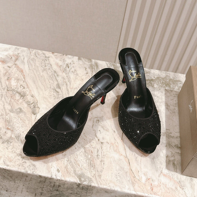 DOLLY STRASS SOLE SLIDE SANDALS 85MM IN BLACK CALFSKIN