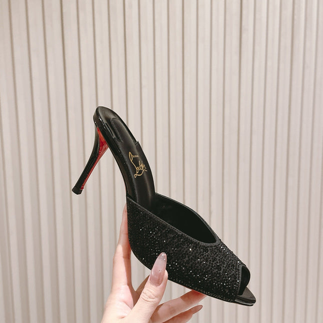 DOLLY STRASS SOLE SLIDE SANDALS 85MM IN BLACK CALFSKIN