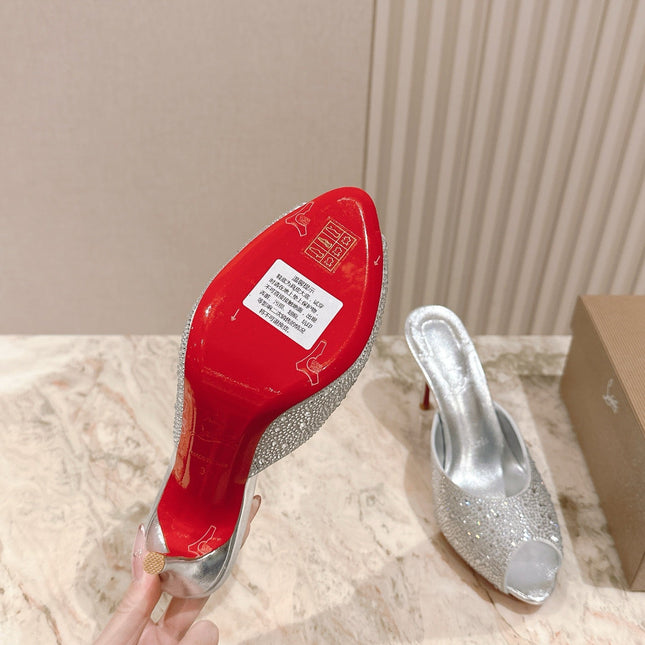 DOLLY STRASS SOLE SLIDE SANDALS 85MM IN SILVER-TONE CALFSKIN