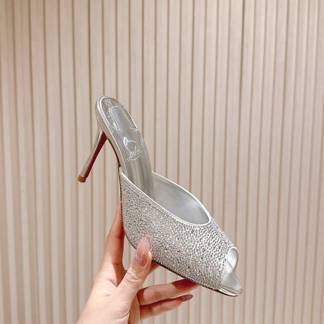 DOLLY STRASS SOLE SLIDE SANDALS 85MM IN SILVER-TONE CALFSKIN