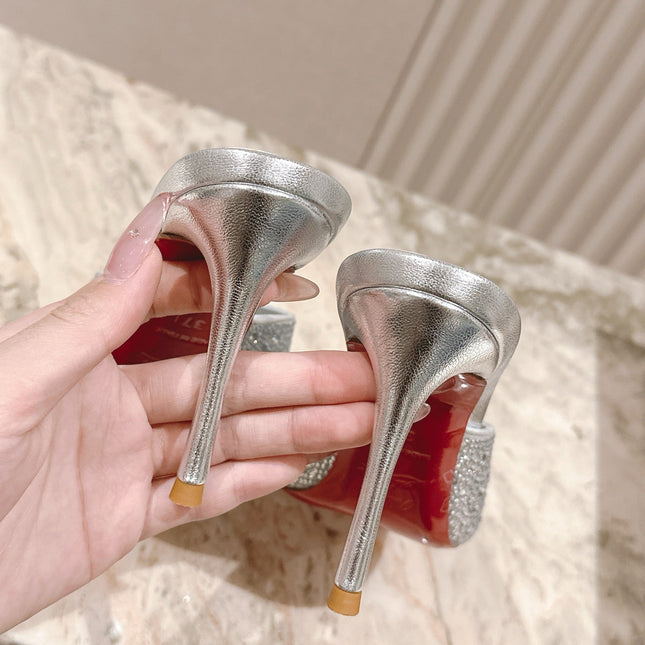 DOLLY STRASS SOLE SLIDE SANDALS 85MM IN SILVER-TONE CALFSKIN