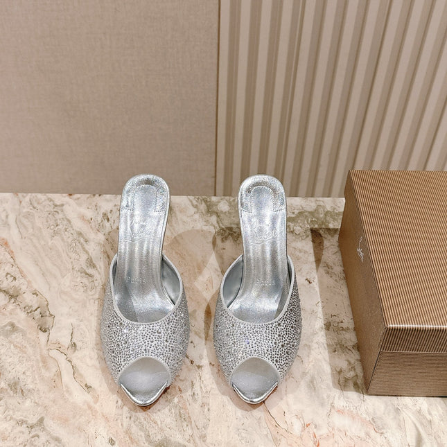 DOLLY STRASS SOLE SLIDE SANDALS 85MM IN SILVER-TONE CALFSKIN
