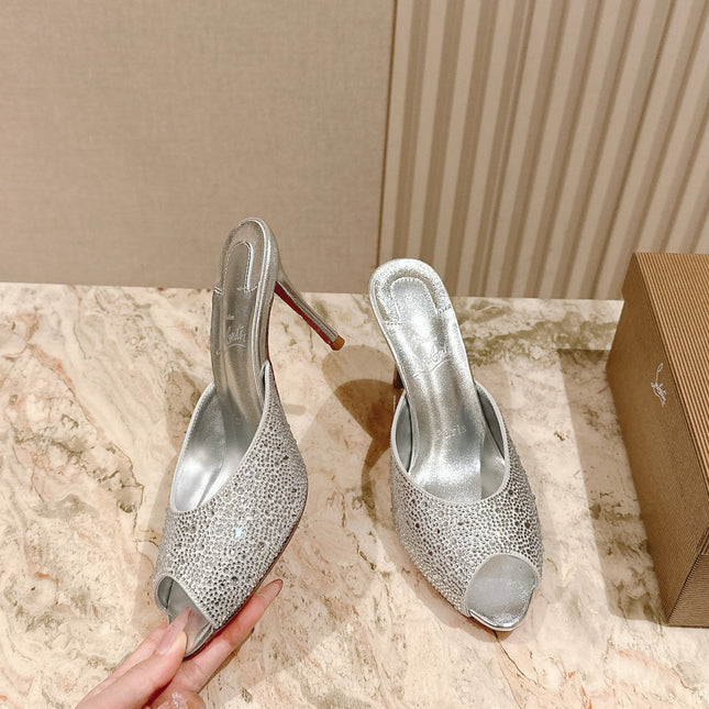 DOLLY STRASS SOLE SLIDE SANDALS 85MM IN SILVER-TONE CALFSKIN