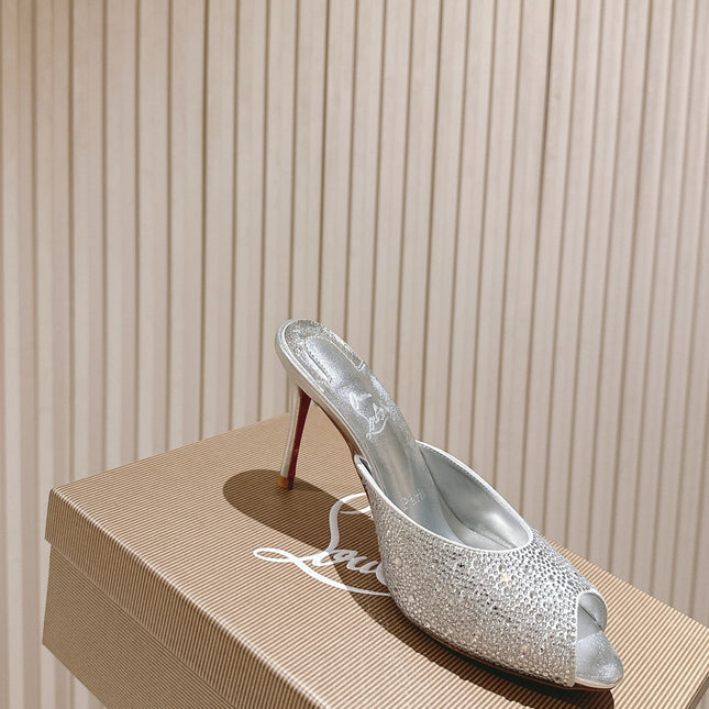 DOLLY STRASS SOLE SLIDE SANDALS 85MM IN SILVER-TONE CALFSKIN