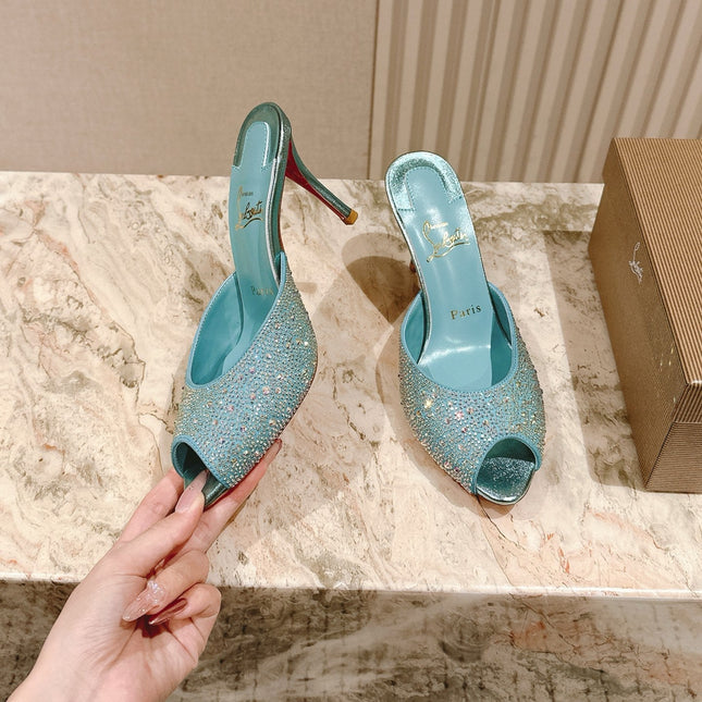 DOLLY STRASS SOLE SLIDE SANDALS 85MM IN BABY BLUE CALFSKIN